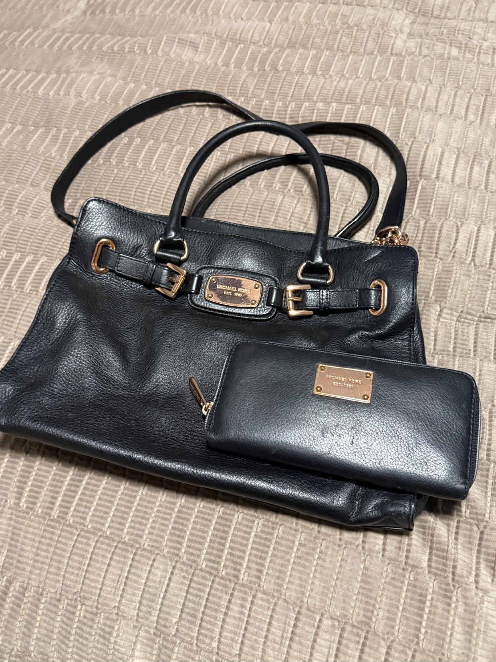 Michael Kors Black Leather Hamilton Bag with Matching Wallet